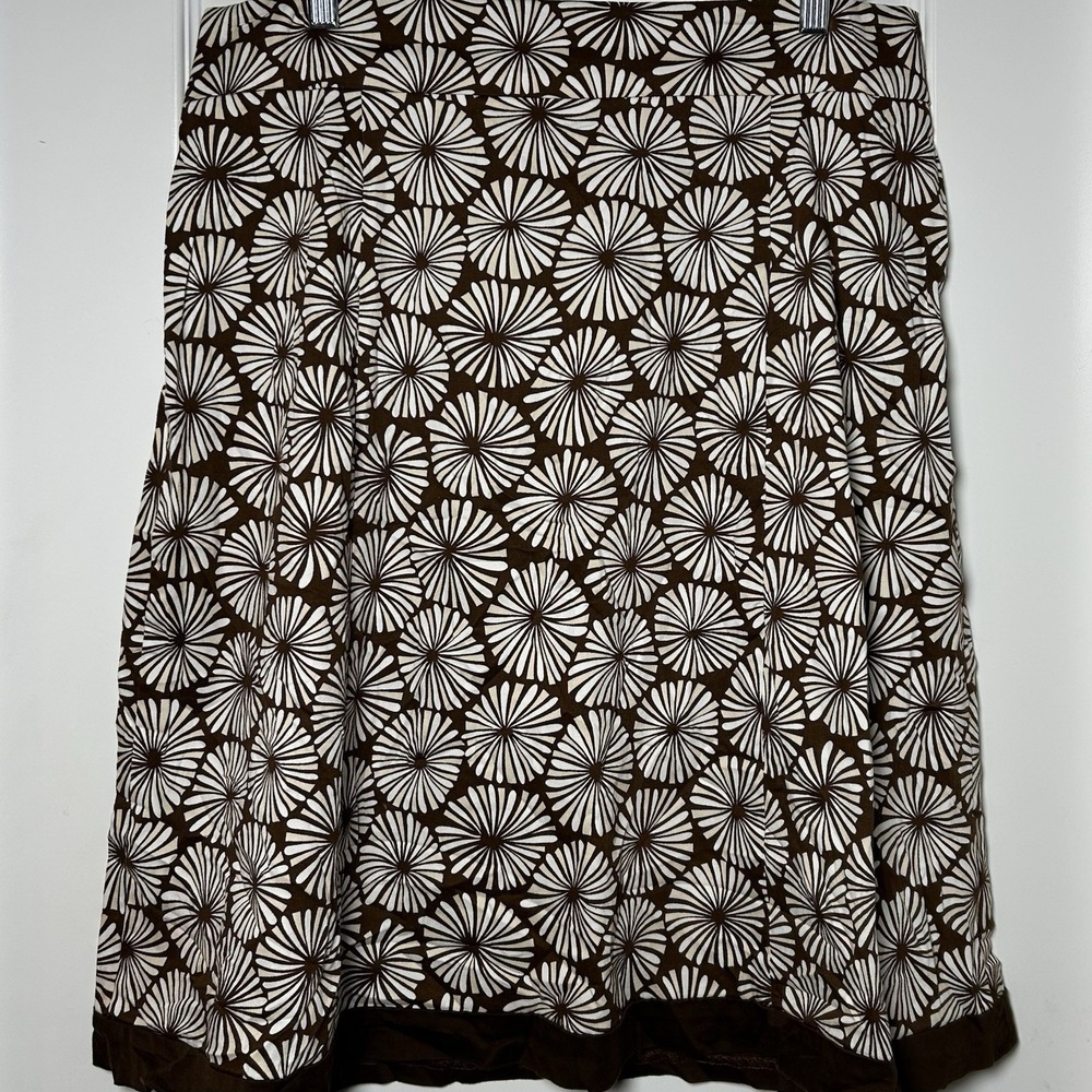 Brown Cream Pinwheel Starburst Print Ribbon Hem A-Line Midi Skirt 70s Bobo Style